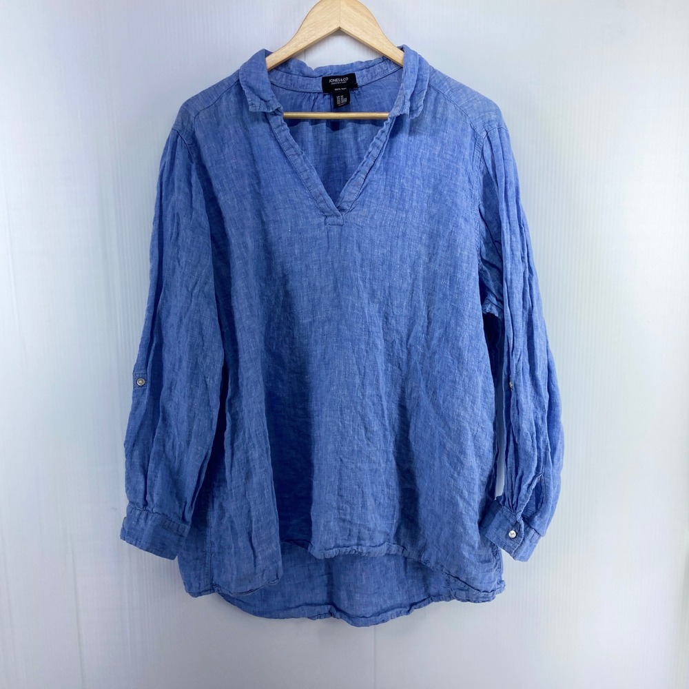 Jones & Co Blue Linen Long Sleeve Pullover Tunic Top‎ Shirt Womens Plus 2X